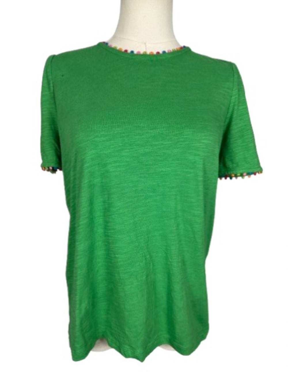 Boden Green Short-Sleeve Knit Tee with Multicolor Pom Trim Size 6